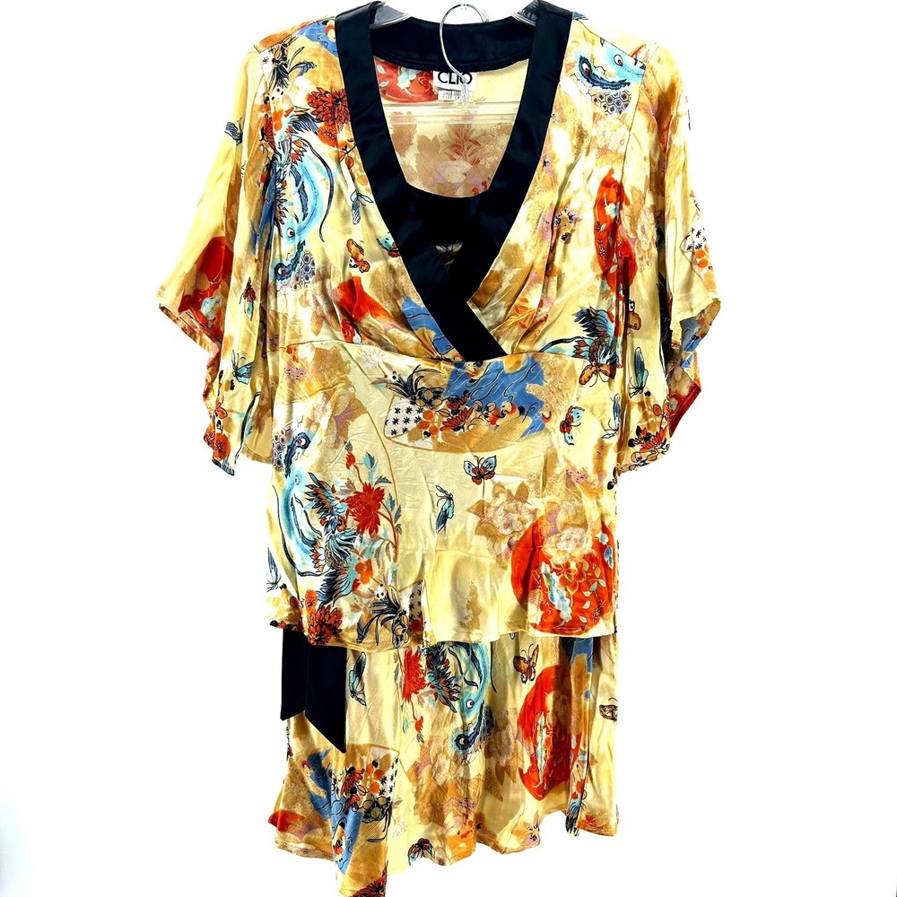 Clio Yellow Chinoiserie Phoenix Butterfly Satin Top and Wrap Skirt Set Large 16